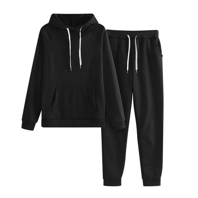DEBGFS 2 Piece Sweatsuits for Womens Clearance Solid Color Pocket Drawstring Pullover Sweatpant Set Lounge Tracksuit Casual Plus Size Lightweight Loose Ladies Outfits Fall Winter 2023 Black L