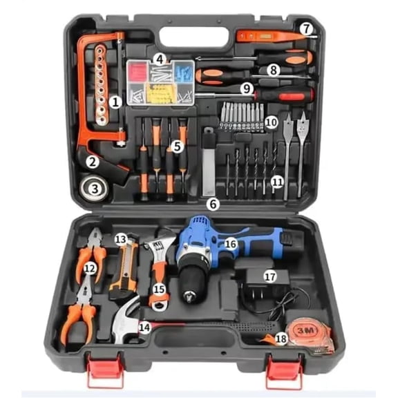 12v Cordless Drill Set Combo Kit | 112 Pcs Tool Kit For Home, Tool Sets For Men, Basic Tool Kit With Power Drill, With Drill | For Garden, Office Repair Screwdriver Drill Tool Kits S-1