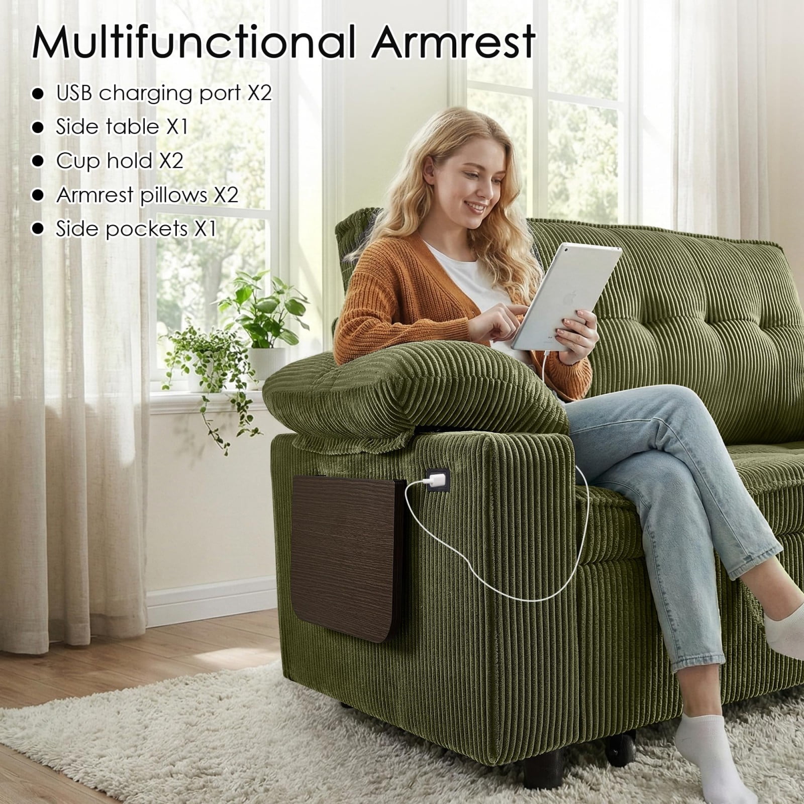 58" Sleeper Sofa Bed, Convertible Pull Out Couch Full Size Loveseat with Corduroy Fabric, USB Charging, Adjustable Backrest for Living Room Apartment Office, Green