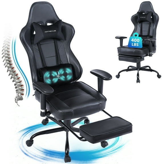 JONPONY Big and Tall Gaming Chair with Footrest 400lbs Massage Gamer Chair with Memory Foam Adjustable Tilt Back Angle & Armrest, High Back Leather Computer Office Chair,Black