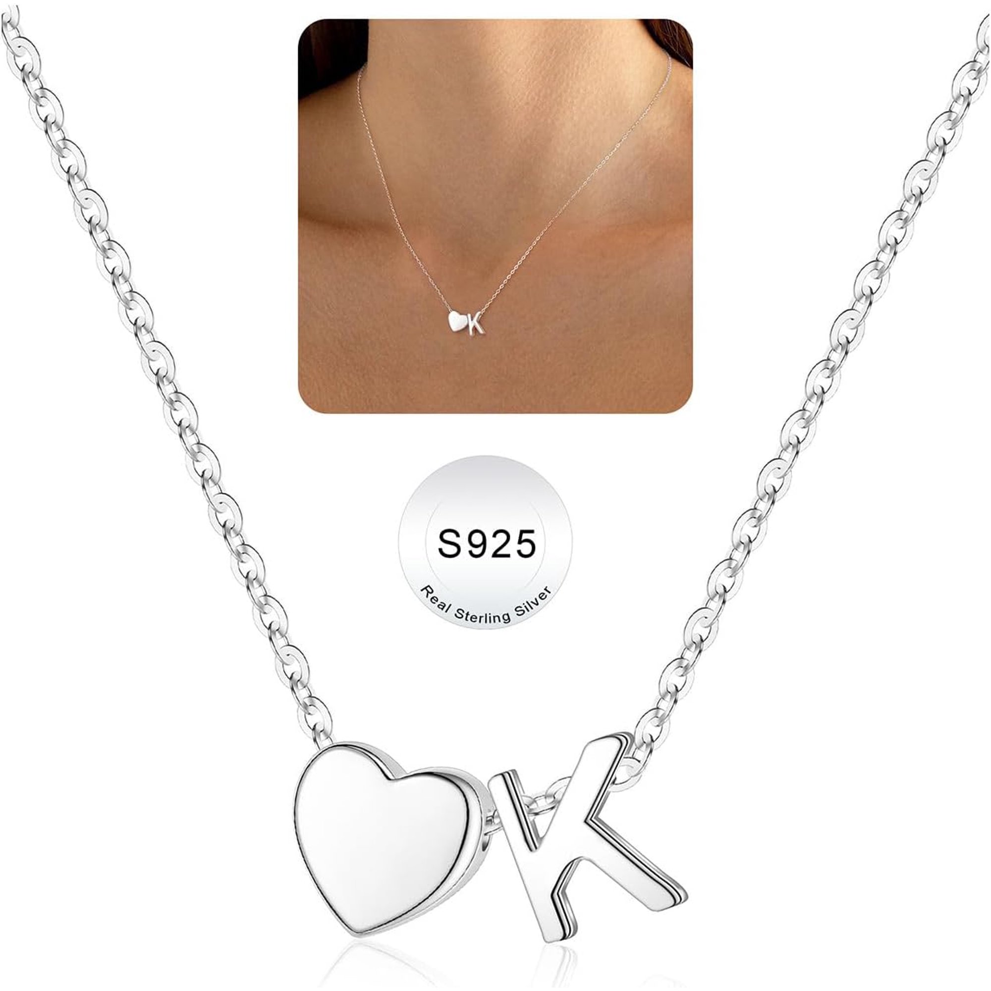 Turandoss Silver Heart Initial Necklaces for Kids S925 Sterling Silver Letter K Necklace Dainty Heart Tiny Silver Initial Necklaces Birthday Gifts for 4 5 6 7 8 Kids Jewelry