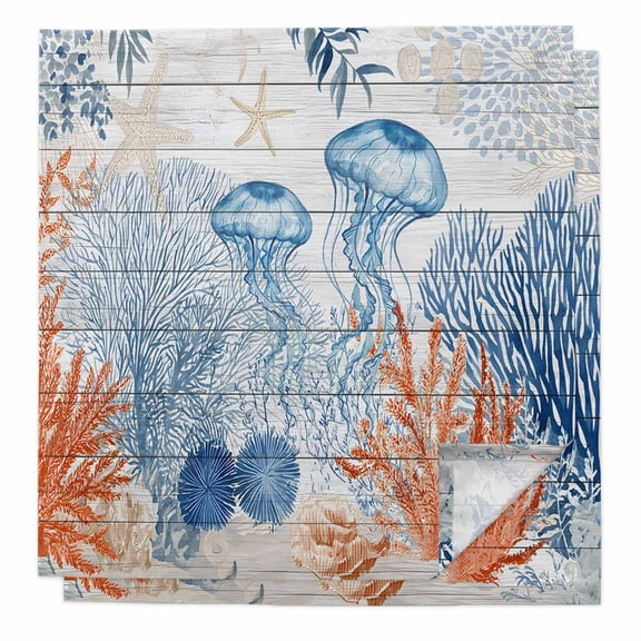 Blue Coastal Jellyfish Cloth Napkins, Nautical Starfish Coral Wooden Grain Washable and Reusable Dinner Napkins Set of 2, Table Napkin for Kitchen Party Birthday Wedding Hotel Housewarming 20"x20"