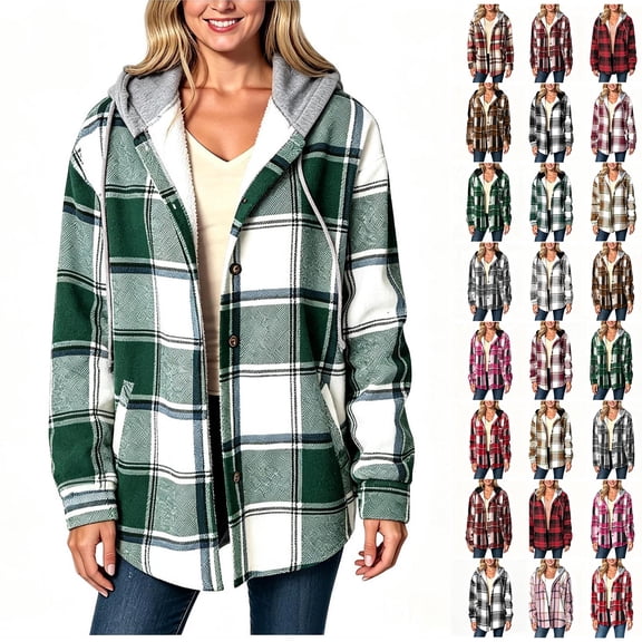 Coorders Women's Heavyweight Fleece Shacket Jackets with Hooded, Women's Flannel Hooded Plaid 2025 Shacket Thick Coat ,Women's Plus Green,Size XL