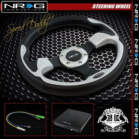 UNIVERSAL NRG PVC LEATHER ALUMINUM 32CM RACING STEERING WHEEL BLACK/SILVER DECOR
