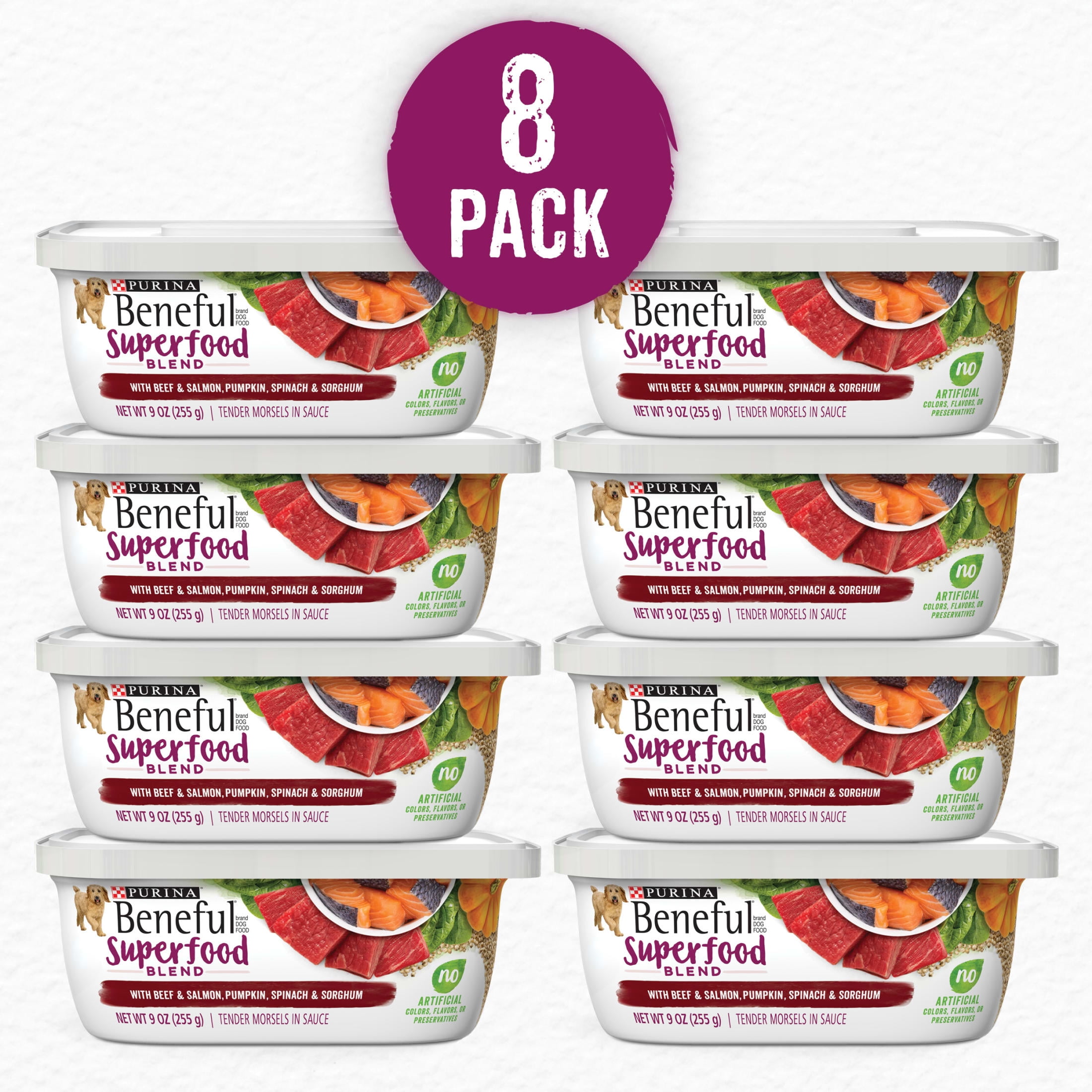 Purina Beneful Superfood Blend Wet Dog Food Beef and Salmon, 9 oz Tubs (8 Pack)