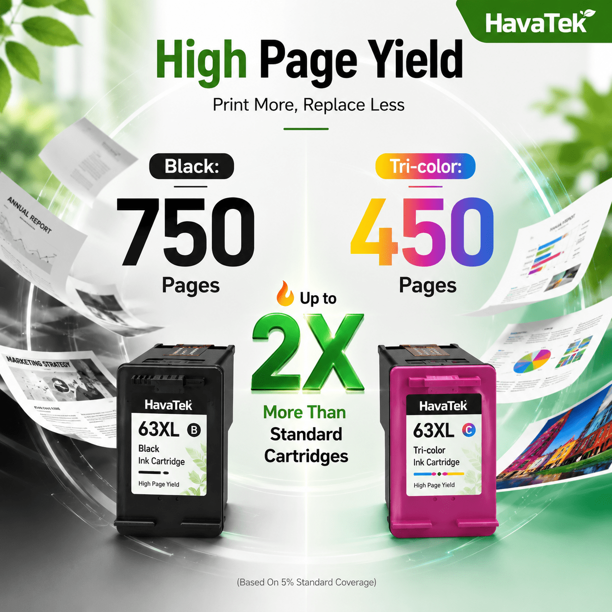 63XL Ink Cartridges Compatible for HP 63 Ink Cartridge for Envy 4520 4512 Officejet 3830 4650 5250 Printer (2-Pack, Black/Tri-color )