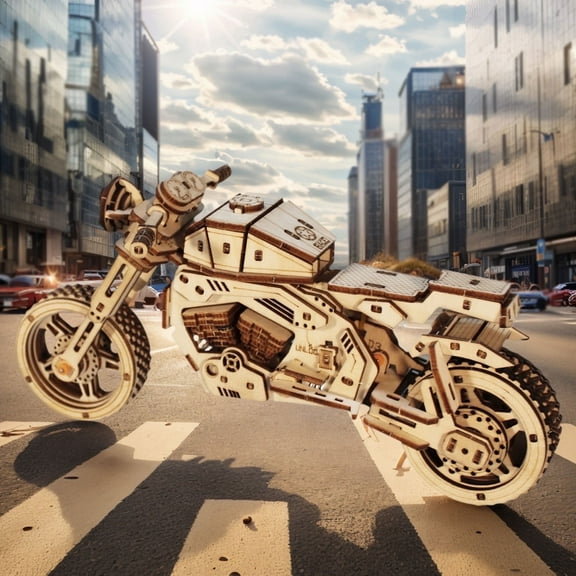 3D Wooden Puzzles - Retro Motorcycle Model Kit, Buildable Display Replica with Exhaust Pipe & Spoke Wheels, Unique Christmas Birthday Gift for Adults