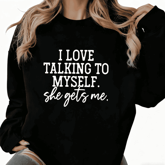 Letter Humorous Self-Talk Graphic Suitable Comfortable Tee T-Shirt Top Print Round-neck long-sleeved Black S-3XL