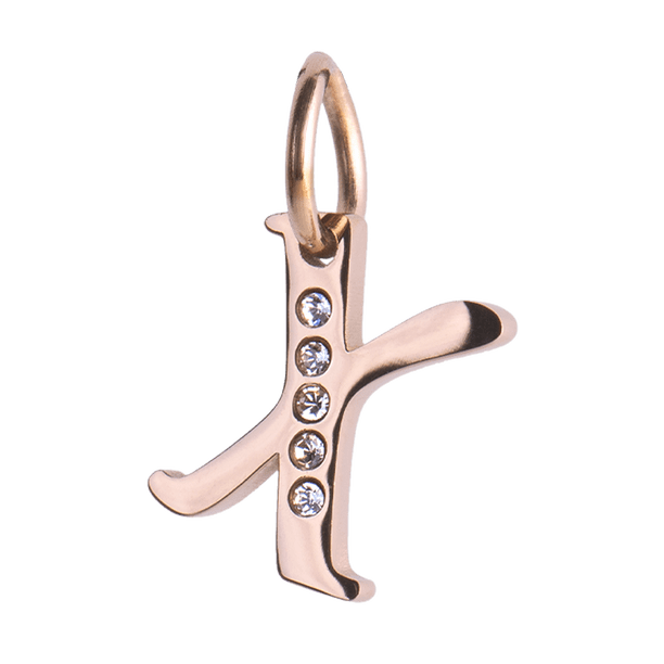 Charm para Pulsera LuckyLy, Dije Inicial Letra A, Acero Inoxidable con Baño de Oro Rosa 18k y Zirconia Cúbica, Modelo Lizzy rosa Letra X