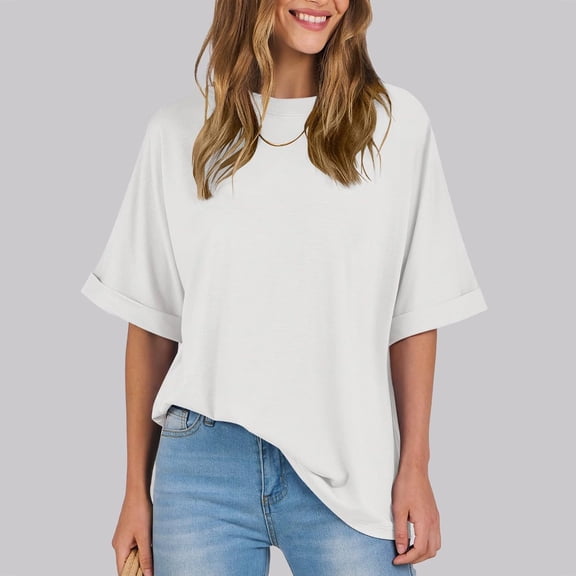 tarylea Womens Tops Rolled Short Sleeve Crew Neck Oversized T-Shirts Casual Loose Summer Comfy Basic Dailywear Tops