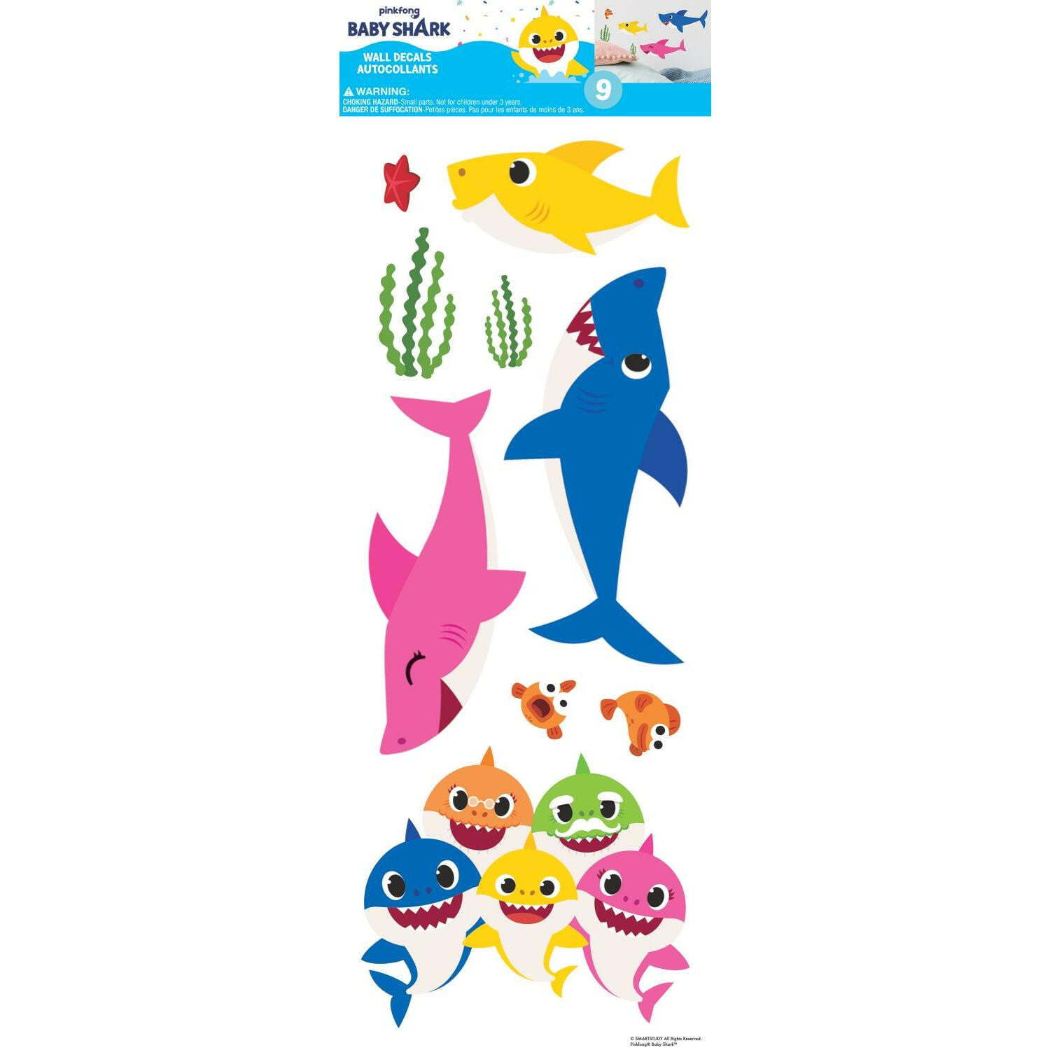 Baby Shark Peel And Stick Wall Decals 9 Colorful Shark Bathroom Decor Stickers - RMK4341SS