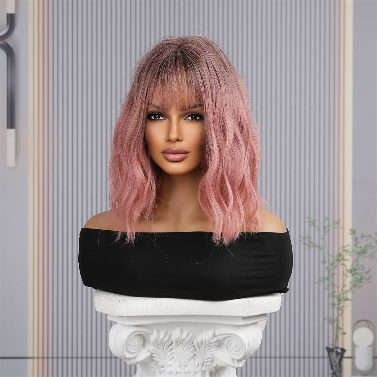 BERON Ombre Pink Short Curly Bob Wig for Women with Bangs Heat Resistant Synthetic Hair Wigs for Daily Use
