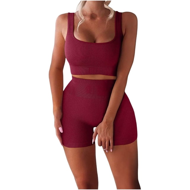 Mujeres sin mangas sin costuras acanalado Crop Tank pantalones cortos de cintura alta Conjuntos de trajes de yoga Pompotops ulkah936692