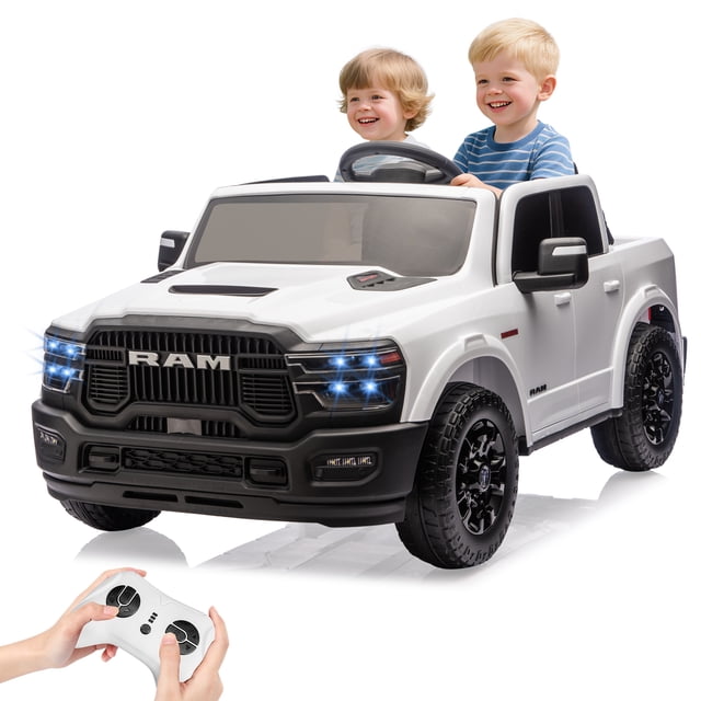 Powerful 24V Electric Ride-On Car for Kids – Licensed RAM 2500 2-Seater Truck with Remote Control, wireless, Spacious Bed, 3 Speeds, LED Lights, Suspension – Perfect Gift for Boys & Girls, White