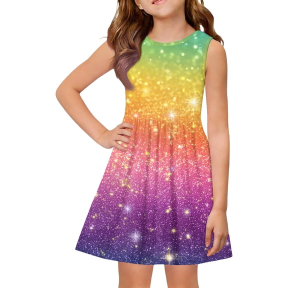 YOUYEDIAN Toddler Girls Summer Dress Kids Cute Sleeveless Sequin Print Dresses Teen Crewneck Patchwork Sundress (Saffron, 13-14 Years)