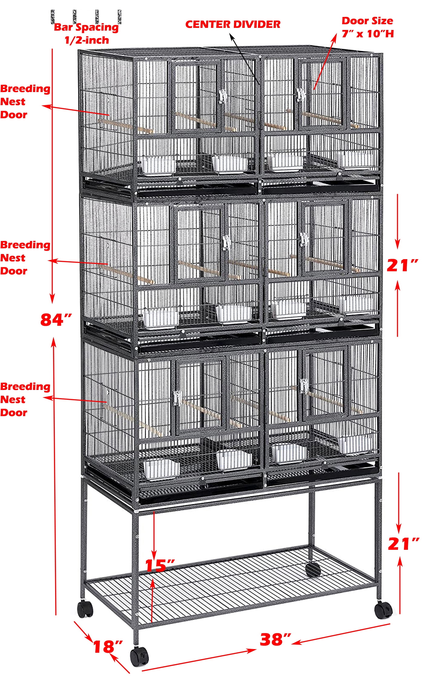 White Deluxe Triple Stackable With Center Divider Breeder Breeding Bird Flight Rolling Cage With Side Breeding Nest Doors for Canaries Cockatiels Lovebirds Finches Budgies Small Parrots