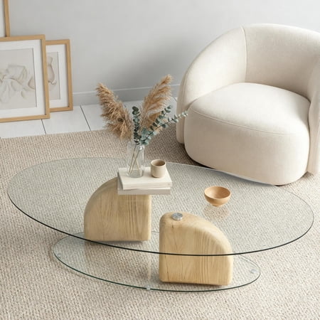 Christopher Knight Home 45.67" Modern Sculptural Oval Glass Coffee Table with MGO Base, Natural