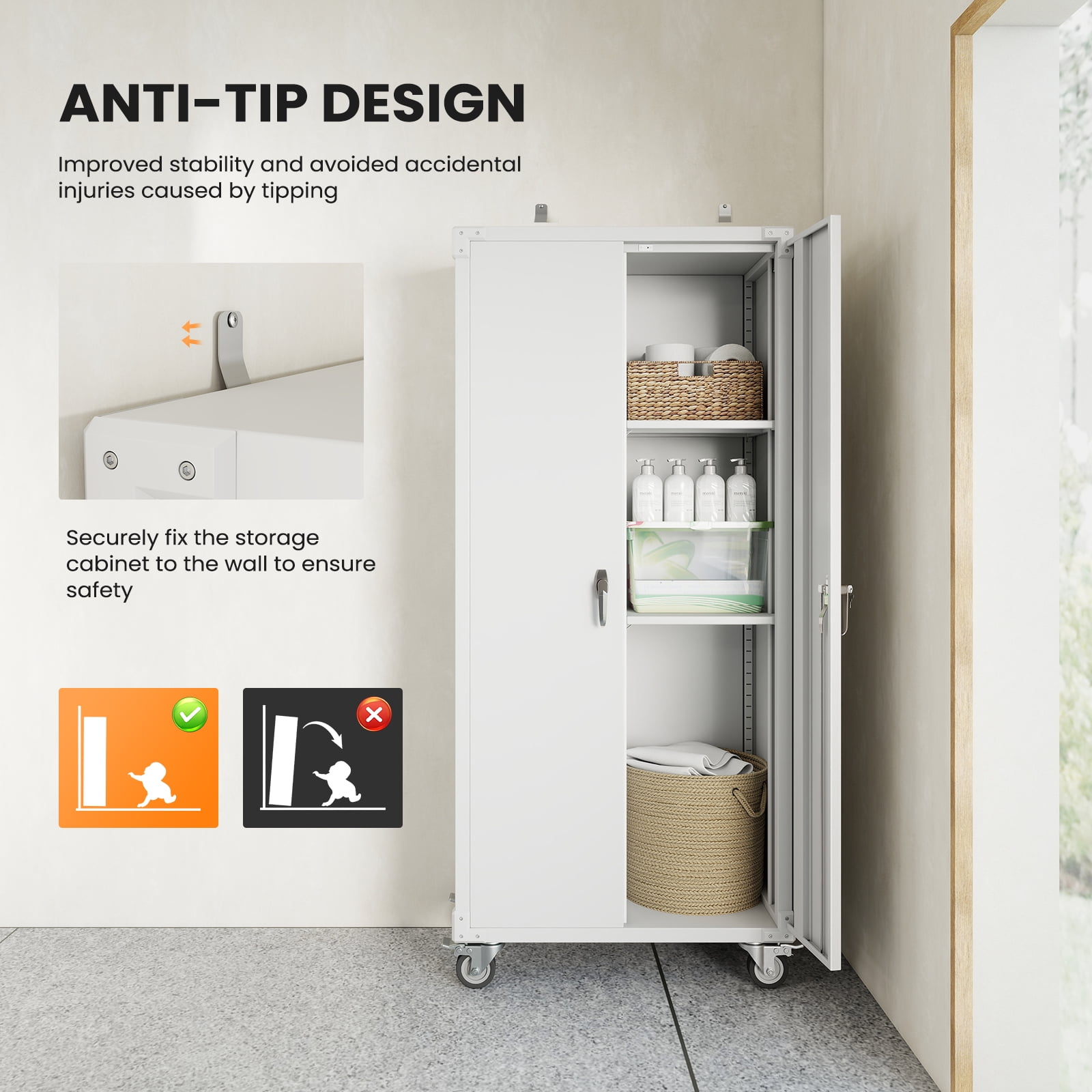 MCQ Metal Broom Storage Cabinet with Lock, Rolling Cleaning Tool Organizer for Mop, Dustpan, Garage, Laundry Room, 4 Lockable Casters, Easy Assembly