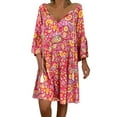 thumbnail image 2 of Lilgiuy Women's Ladies Loose Floral Print Three Quarter Sleeve Mini Dress Summer Dress for Banquet, 2 of 5