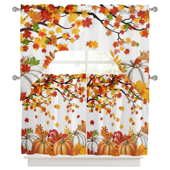 Curtains Swag and Tiers Curtains Set, Orange Pumpkins Fall Valances with Kitchen Tier Curtain 36 Inches Long, Maple Leaf Thanksgiving Botanical Swag Light Filtering Curtains for Sink/Laundry Room