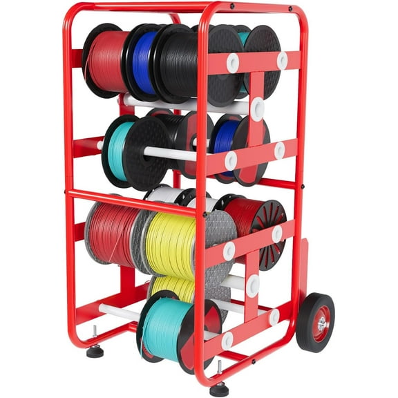 KOJEM 15X17X31" Wire Spool Holder Cart Portable Wire Rack Dispenser with Wheel Display & Storage for Electrical Industrial & Retail Use - 10 Rods Red Powder Coated