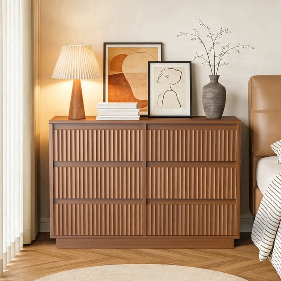 UPGO 44.8'' Fluted Dresser for Living Room, Bedroom, Hallway, Entryway with Deep 6 drawers, Wooden Dresser