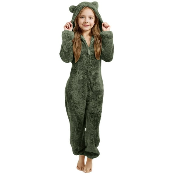 Wuxian Bid Girls Boys Hooded Romper Jumpsuit Fuzzy Warm Pajamas For Winter Soft Warm Sleepwear Full Zipper Long Sleeve Solid Color Cute Hoodies Loungewear Dailywear,4-5 Years