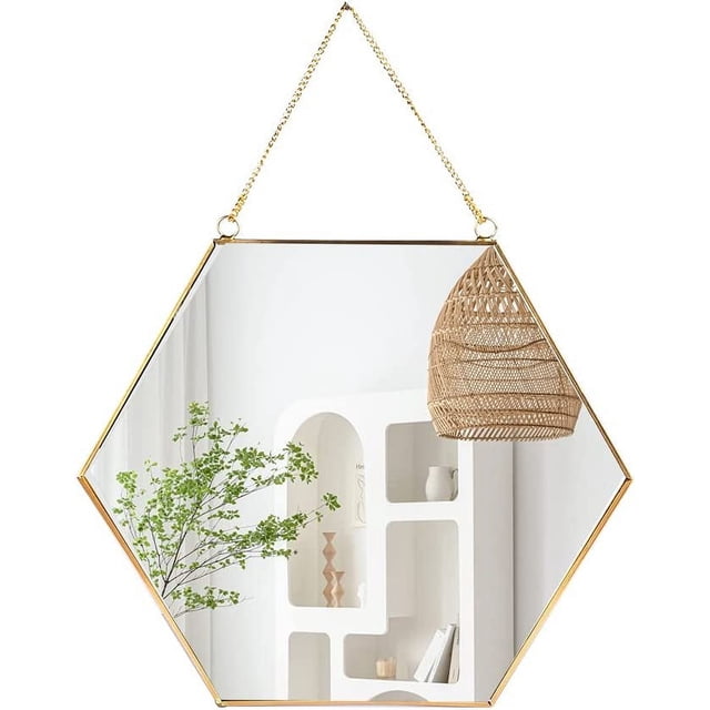 Espejo hexagonal para colgar en la pared, decoración geométrica dorada con cadena para baño, dormitorio y sala de estar.