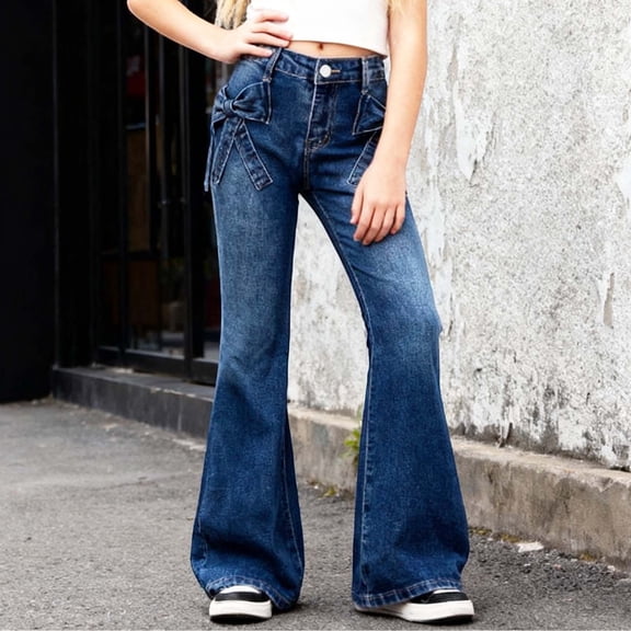 Girl Jeans Bow Jeans Girls Bell Bottom Jeans High Waist Cute Baggy Jeans with Pockets Girls School Pants 11-12 Years
