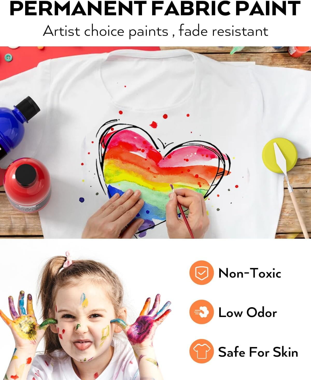 Nicpro 24 Colors Permanent Fabric Paint (8.45 oz, 250 ml) Soft Fabric Paint for Clothes, Non-Toxic Textile Paint for Fabric DIY Crafts, T-shirts, Shoes Jeans Bags Canvas for Kid Adult with Color Whee
