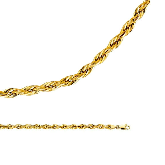 Solid 14k Yellow Gold Necklace Rope Chain Silky Hollow Twisted Diamond Cut Light Big 4 mm 18 inch