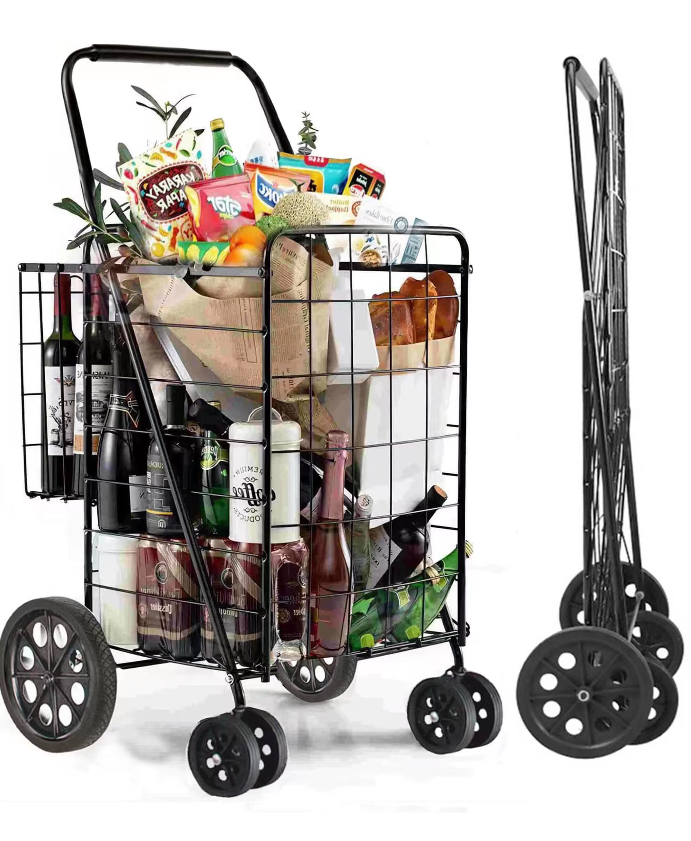 SUGIFT Folding Shopping Cart Utility Trolley Jumbo Basket with Swivel Wheels, Black