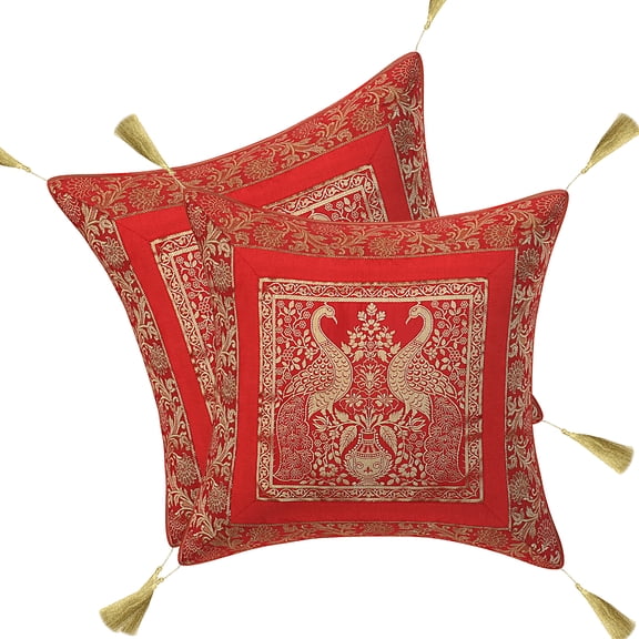 DK Homewares Decorative Throw Pillow Covers 18x18 Inch Brocade Jacquard Weave Indian Square Peacock Cushion Covers (Size - 45x45 cm ; Color: Red & Gold ) - Set of 2 Pcs (Cover Only)