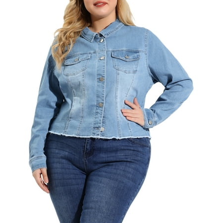 MODA NOVA Juniors Plus Size Outfits Classic Washed Front Frayed Denim Jacket