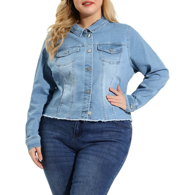 GRACE & GRANDEUR Juniors Plus Size Outfits Classic Washed Front Frayed Denim Jacket