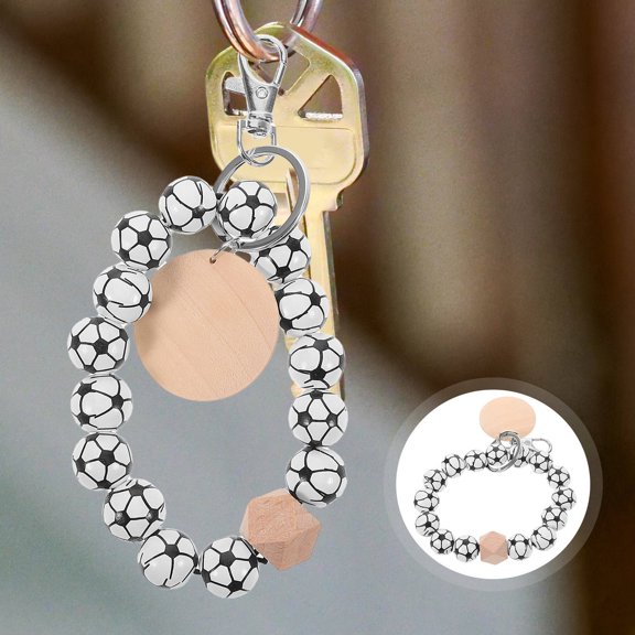 WHAMVOX Wooden Sport Beads Keychain Football Soccer Beaded Bracelet Keyring with Blank Round Disc Pendant for Women Men Sports Lovers