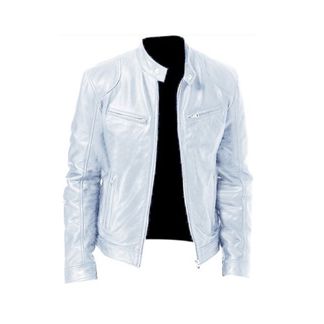 LUXUR Veste Homme Manches Longues Manteau Col Montant Tenue Décontractée Coupe Régulière Pardessus Cuir PU Blanc P