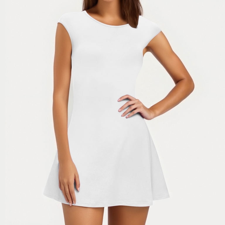 FASESH Women's Crewneck Dresses, Short Sleeve Stretchy Solid Dress Summer Comfy Cute Workout Mini Dresses White S, Size: Small