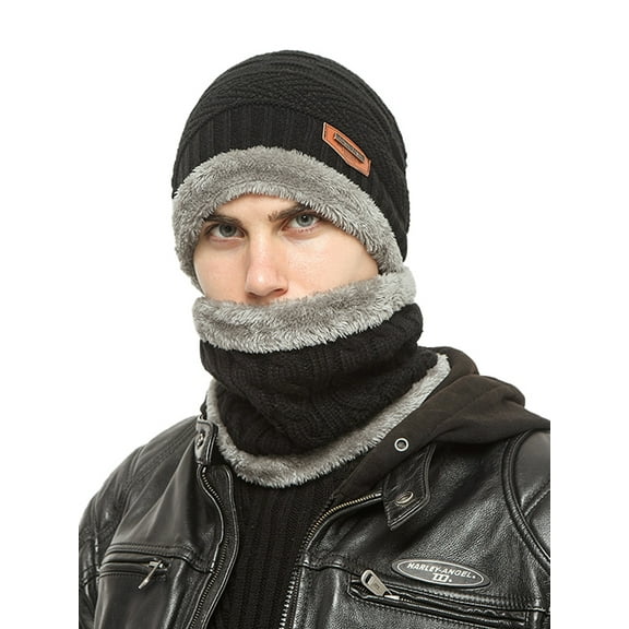 JINSIJU Men's Winter Hats Scarf, Warm Knit Hat Plush Lined Slouchy Cap