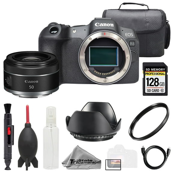 Canon EOS R8 Camera   Canon RF 50mm f/1.8 STM Lens  128GB  Bag  UV Filter- Basic Kit (International Version)