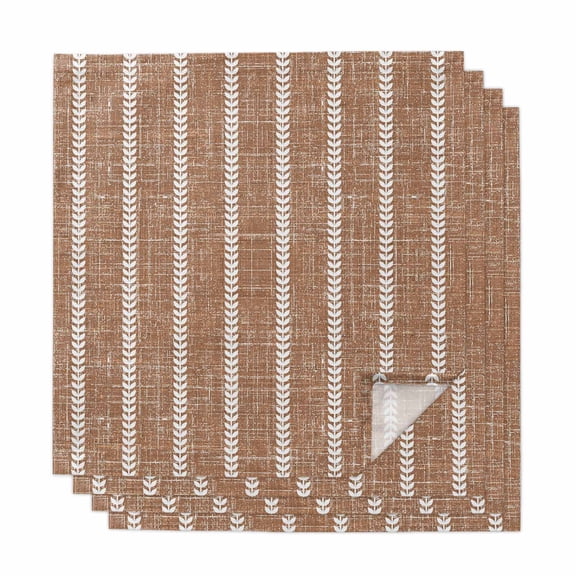 Brown Leaf Striped Cloth Napkins Set of 4 Industrial Khaki Linen Texture White Stripes Soft Washable Square Dinner Napkins for Party Wedding Restaurant Hotel Cocktail 20x20 Inch