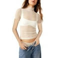 thumbnail image 2 of Top de manga corta de malla para mujer - Blusa transparente con cuello alto y bordado de lunares - Camiseta versátil informal/de fiesta - Tallas S-XL, 2 of 5