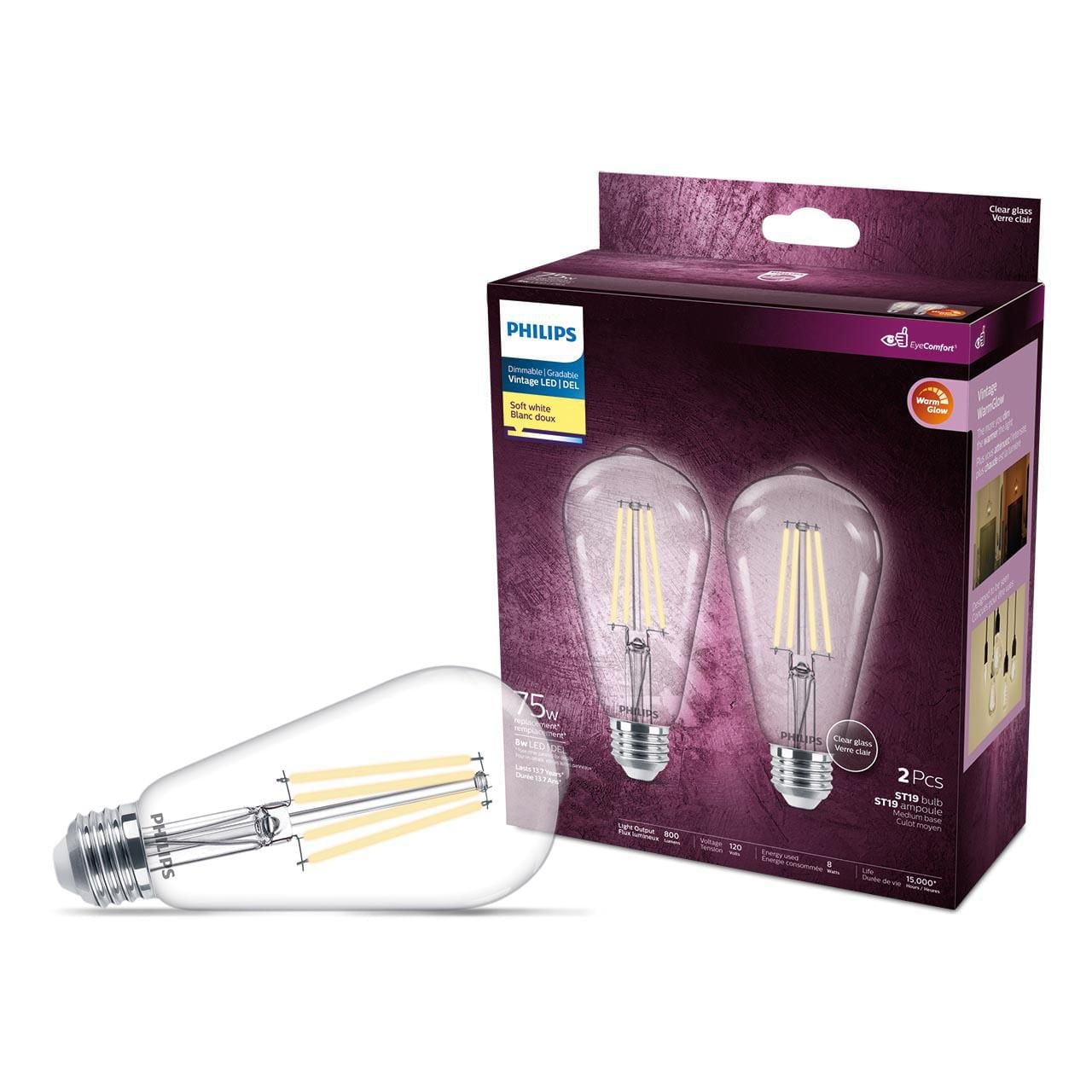 PHILIPS 8W  75W ST19 Medium Base Soft White Warm Glow LED Light Bulbs - Clear Glass, 2 Pack, Philips ST19 LED