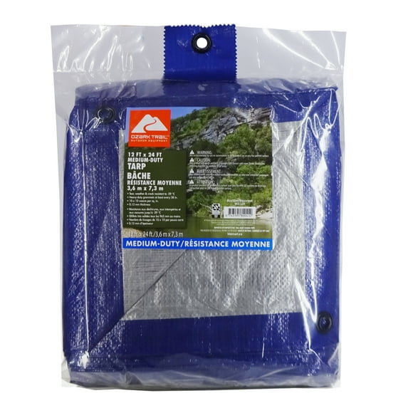 Ozark Trail Medium-Duty Tarp, 12’ x 24’, Blue/Sliver Color, Material PE