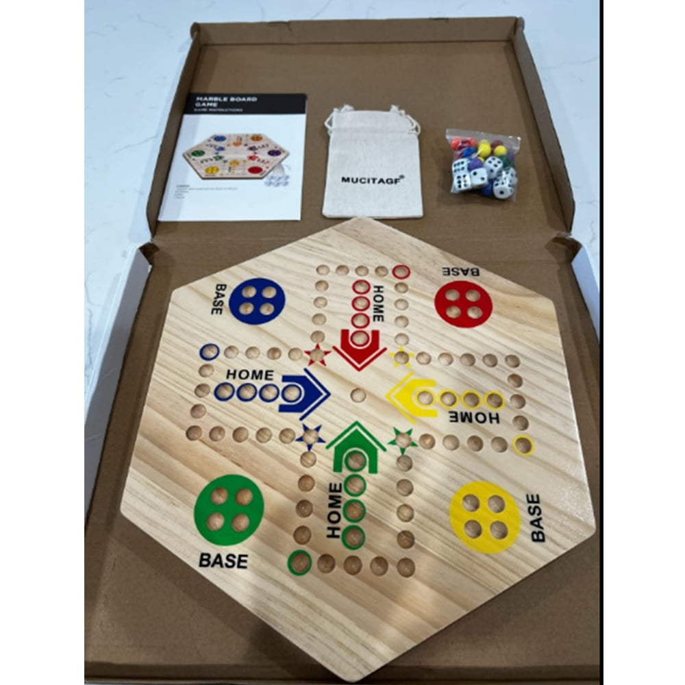  Medikaison Original Marble Game Wahoo Board Game Double Sided  Painted Wooden Fast Track Board Game for 6 and 4 Players 6 Colors 24  Marbles 6 Dice for Family Friends : Toys & Games