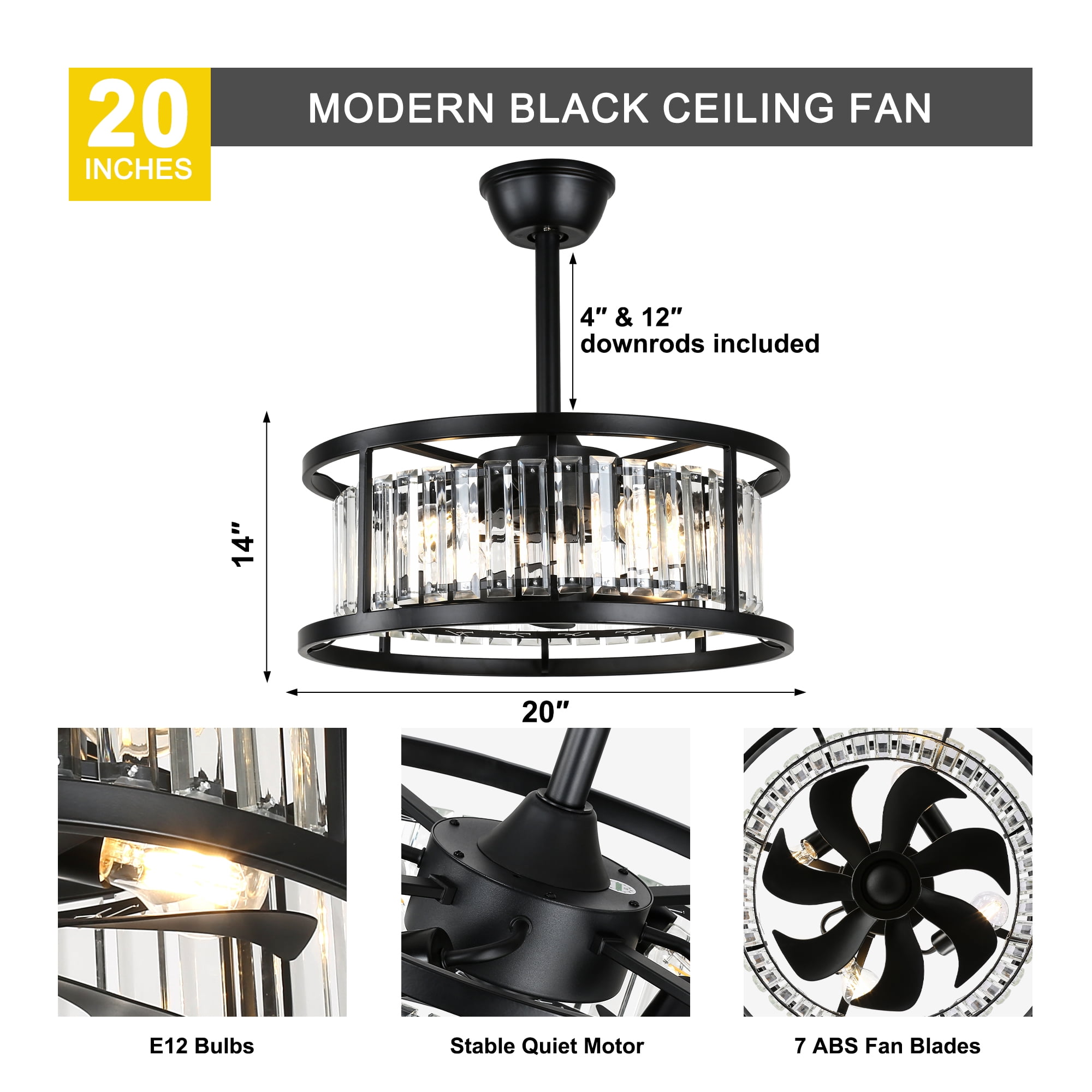 Chords Attic 20" Matte Black Crystal Ceiling Fan with Light and Remote Control, 6-Speed DC Motor for Living Room, Bedroom, Dining Room