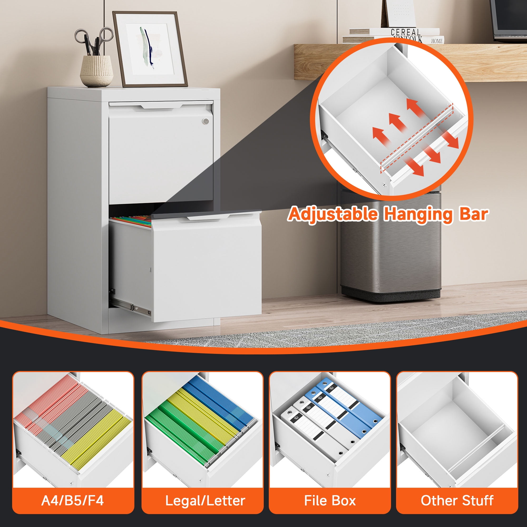 TOPASS 2 Drawer File Cabinet, 17.8" D Metal Filing Cabinets with Lock, Vertical Filing Cabinet for Home Office, File Cabinet for Letter/Legal/A4/F4 Size, Easy Assemble (White)