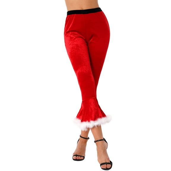 YIZYIF Womens Christmas Soft Velvet Pants Faux Fur Trim Flared Pants Bell Bottoms Red 2XL