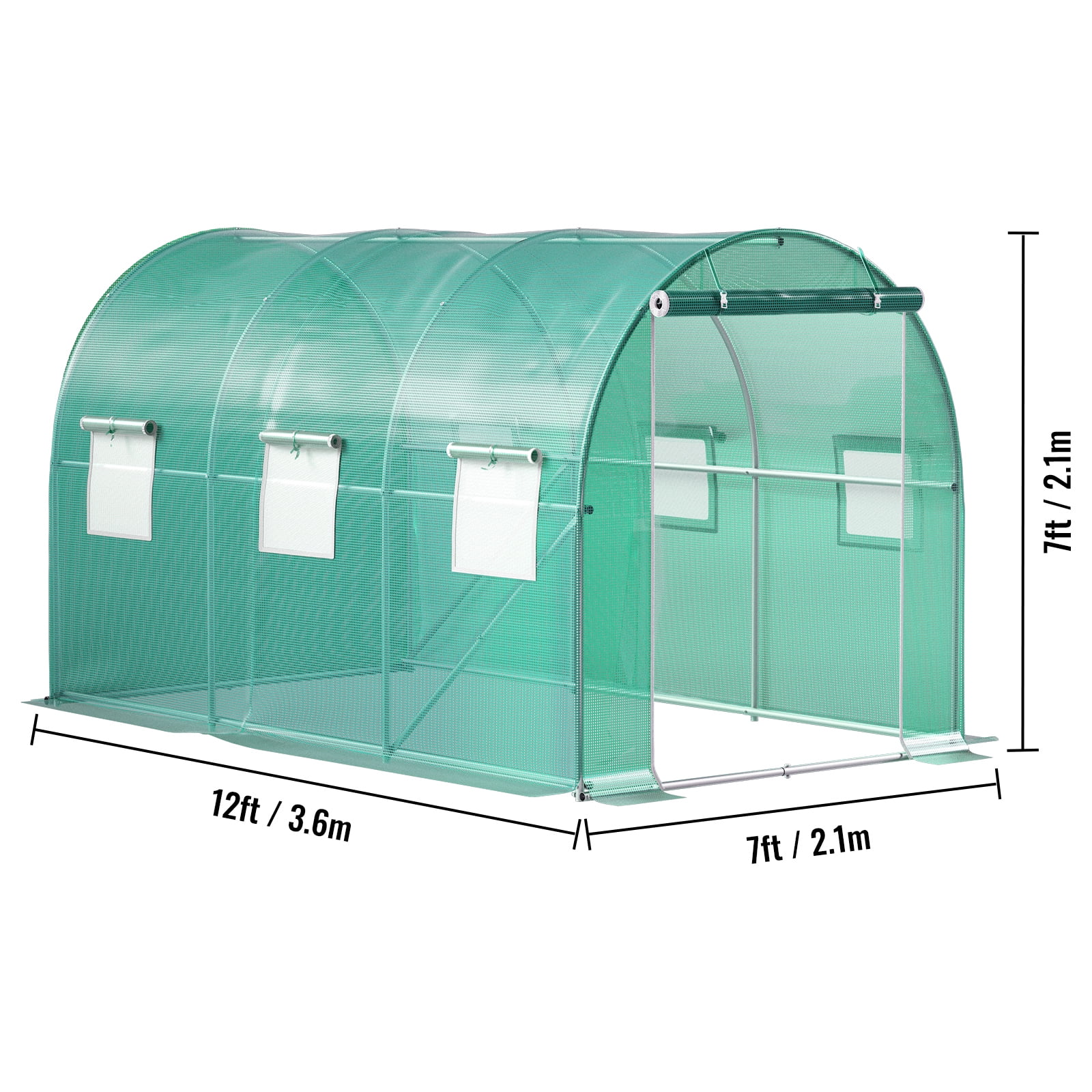 KFFKFF 12 x 7 x 7 ft Walk-in Tunnel Greenhouse, Portable Plant Shelter with Galvanized Steel Hoops, Top Beam, Diagonal Poles, Zippered Door & Roll-up Windows, Green