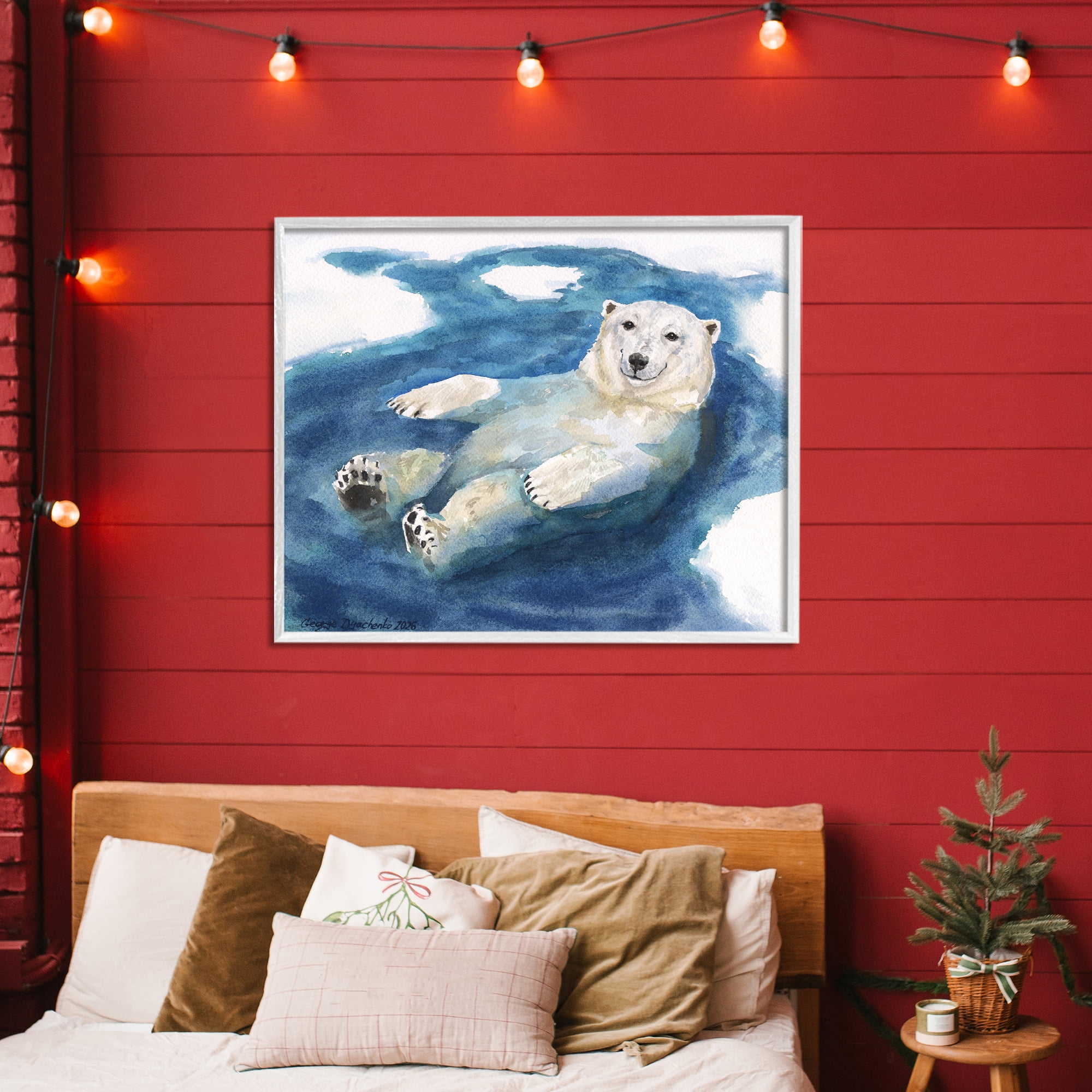 Stupell Industries Polar Bear Icy Bath Time White Framed Giclee Art, design by George Dyachenko